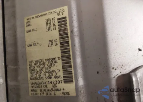 2017 Nissan Maxima 3.5 Sv из США, поврежденный, VIN 1N4AA6AP3HC442397